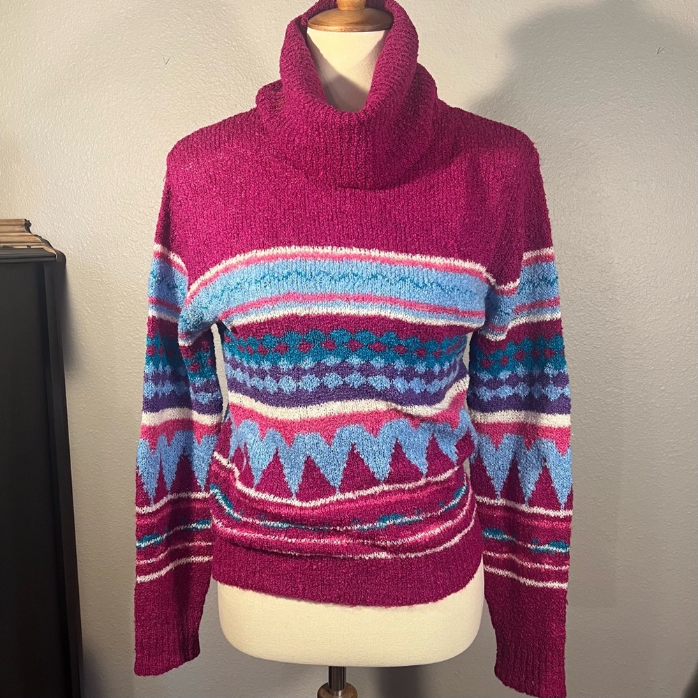 Vintage 80’s Woman’s Sweater Turtleneck Cowlneck Bright Geometric Size L?